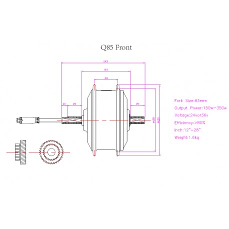 Q85 24V200W-250W Front Driving V-Brake Hub Motor